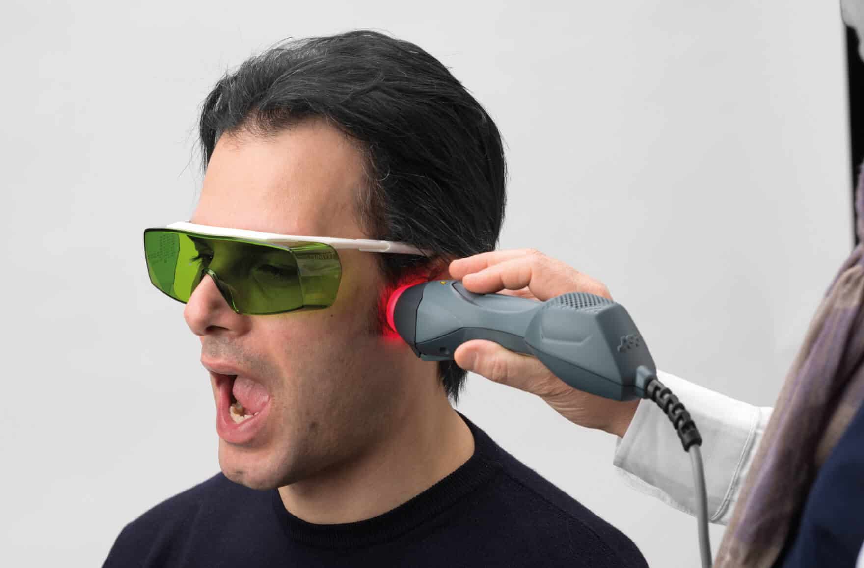 MLS® Laser therapy being used to treat extraoral conditions. It can be used to relieve muscle tension and trigger points, to treat TMJ pain, and to relieve tension headaches.